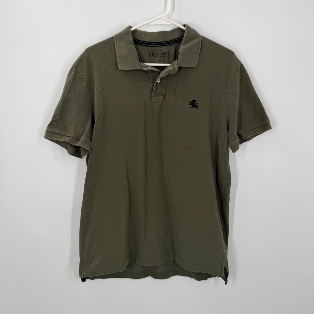 Express Pique Polo Shirt Mens L Green Olive Casual Preppy academia skater Cotton